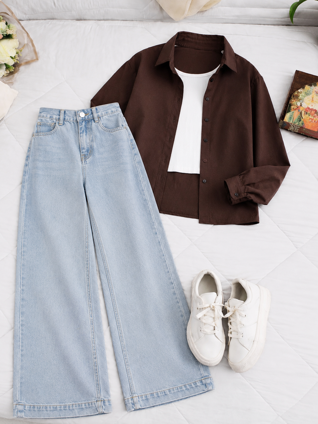 (TRIO PACK) DARK BROWN BUTTON DOWN SHIRT WITH WHITE INNER AND ICE BLUE WIDE LEG JEANS.