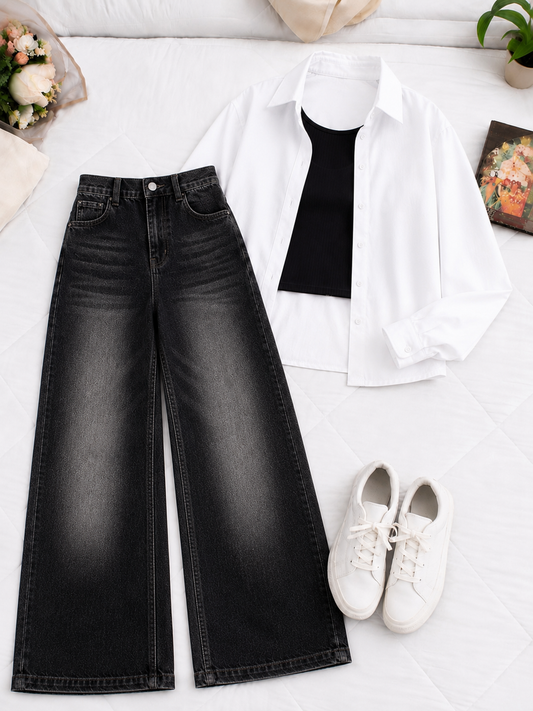 (TRIO PACK) WHITE BUTTON DOWN SHIRT WITH BLACK INNER AND MALAYSIAN BLACK WIDE LEG JEANS
