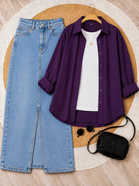 SUMMER TRIO PACK ( DARK PURPLE BUTTON DOWN SHIRT WITH WHITE INNER AND SKY BLUE DENIM SKIRT)