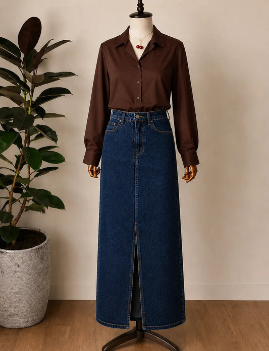 DUO PACK ( DARK BROWN BUTTON DOWN SHIRT WITH DARK MID BLUE DENIM SKIRT )