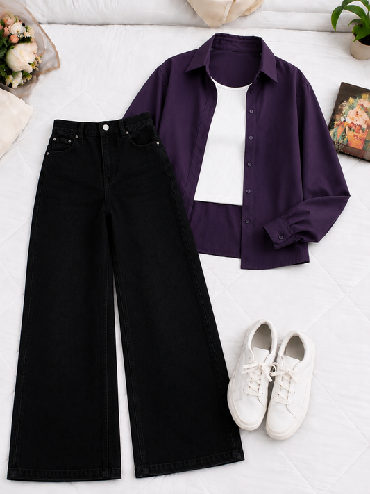 (TRIO PACK) DARK PURPLE BUTTON DOWN SHIRT WITH INNER AND JET BLACK WIDE LEG JEANS