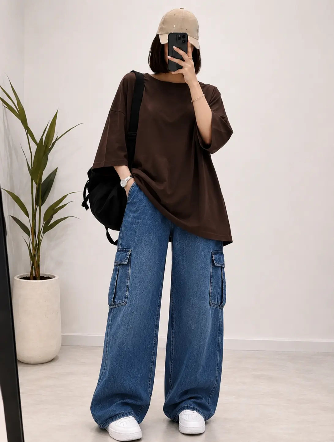 DUO PACK ( DARK BROWN BAGGY TEE WITH MID BLUE CARGO WIDE LEG JEANS )