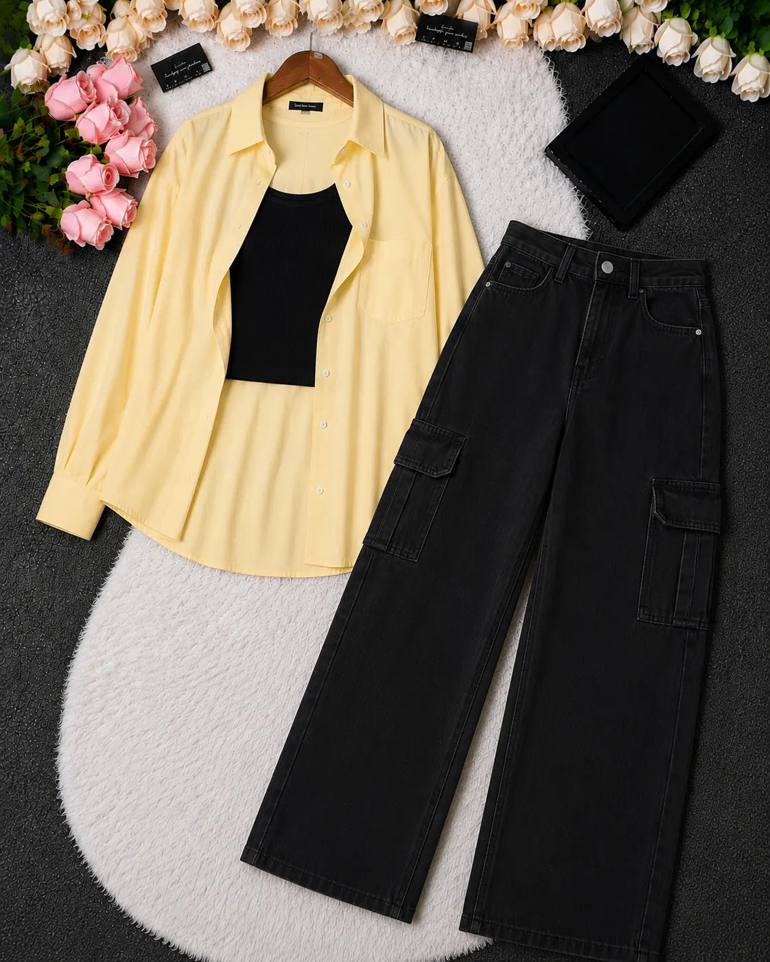 SUMMER TRIO PACK ( BUTTER YELLOW BUTTON DOWN SHIRT WITH BLACK INNER AND MALAYSIAN BLACK CARGO DENIM)