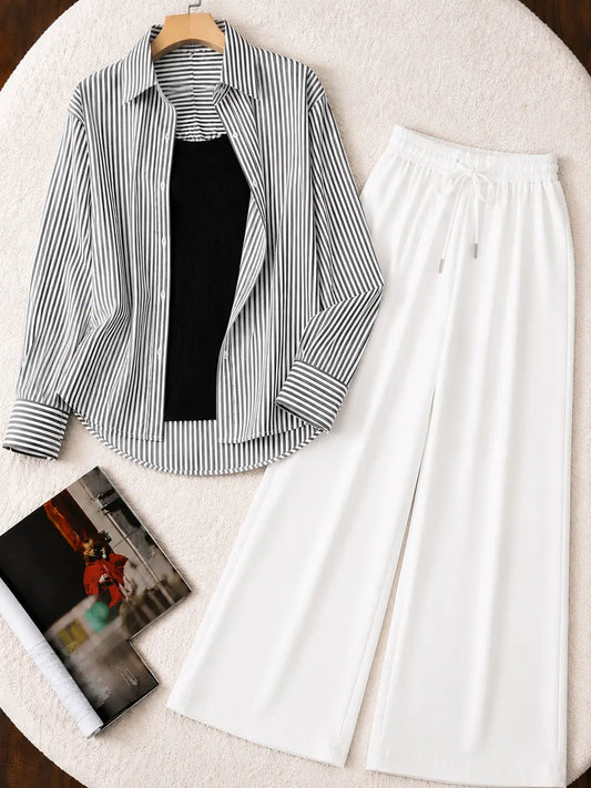 TRIO PACK ( WHITE AND BLACK STRIPES BUTTON DOWN SHIRT WITH BLACK INNER AND WHITE FLAPPER TROUSER)