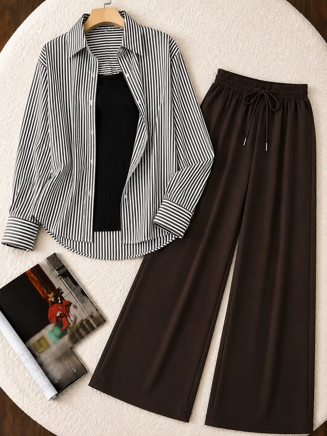 TRIO PACK ( WHITE AND BLACK STRIPES BUTTON DOWN SHIRT WITH BLACK INNER AND DARK BROWN FLAPPER TROUSER )