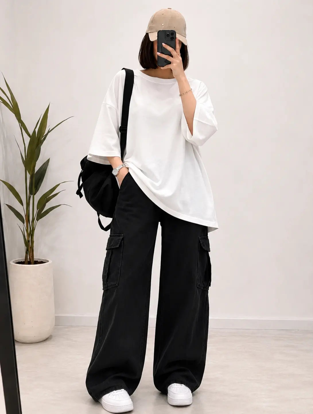 DUO PACK ( WHITE BAGGY TEE WITH BLACK CARGO WIDE LEG JEANS )