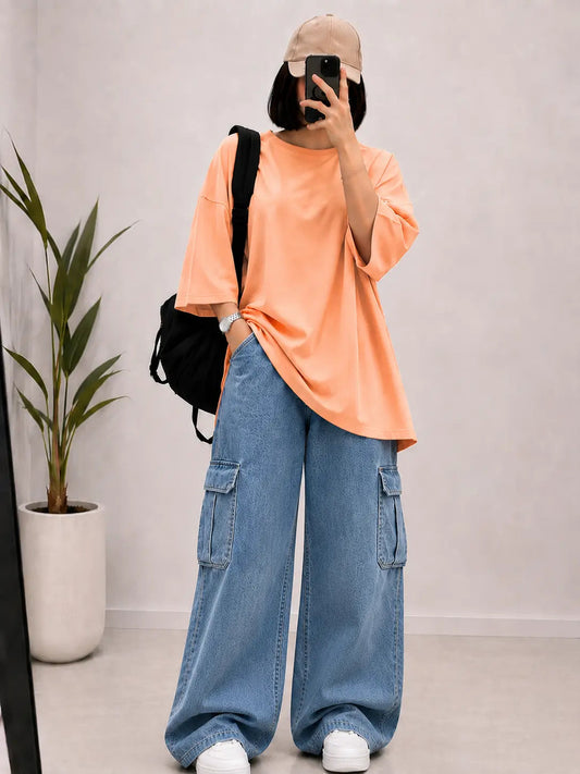 DUO PACK ( PEACH BAGGY TEE  WITH MID BLUE CARGO WIDE LEG JEANS  )