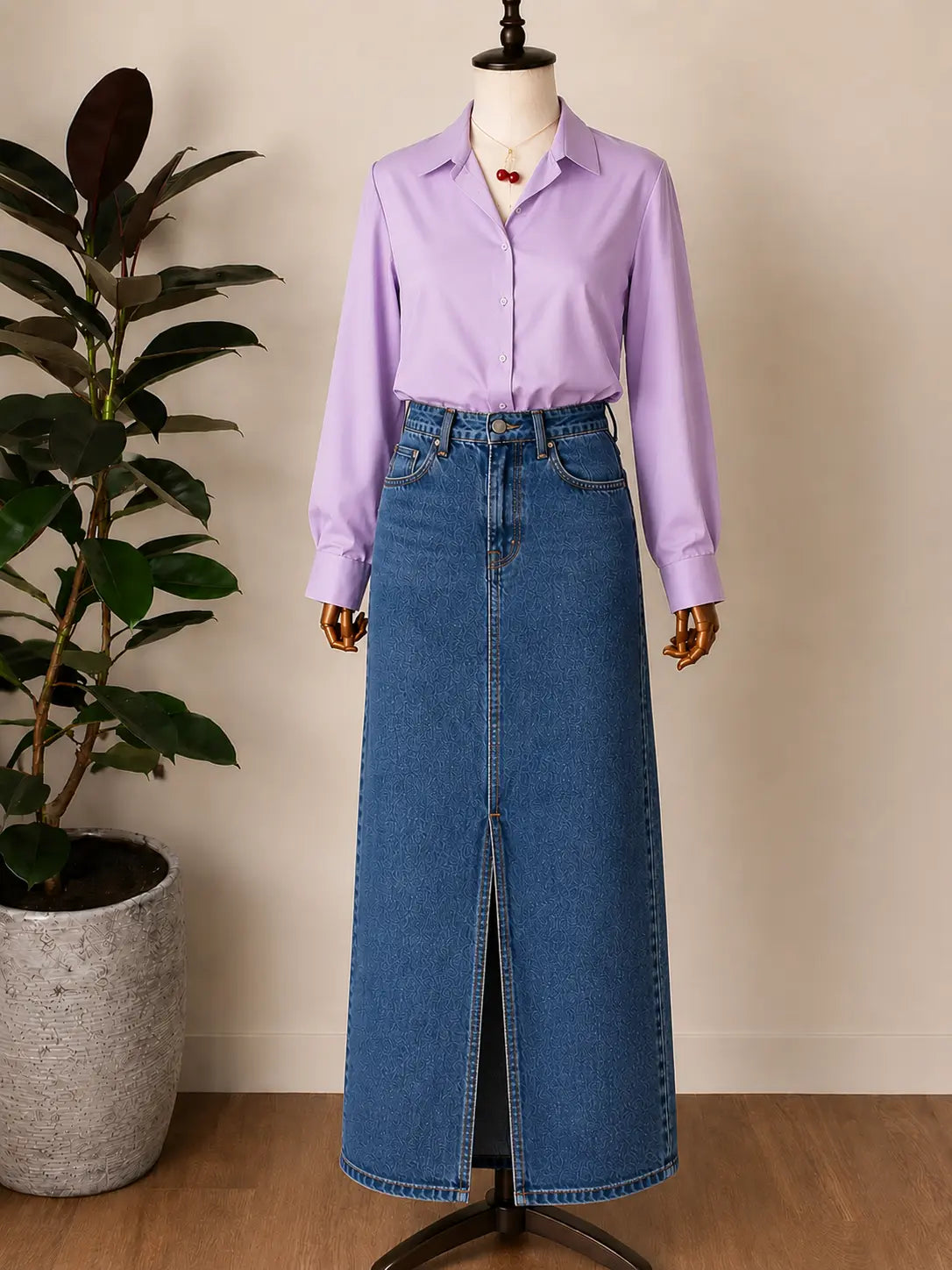 DUO PACK ( LILAC BUTTON DOWN SHIRT WITH MID BLUE DENIM SKIRT )