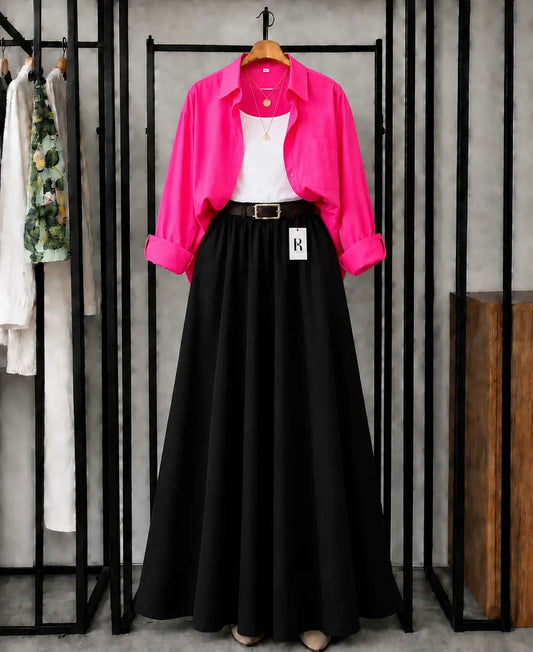 SUMMER TRIO PACK ( SHOCKING PINK BUTTON DOWN SHIRT WITH WHITE INNER AND BLACK MAXI SKIRT )