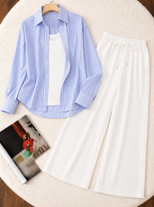 TRIO PACK ( WHITE AND BLUE STRIPES BUTTON DOWN SHIRT WITH WHITE INNER AND WHITE FLAPPER TROUSER)