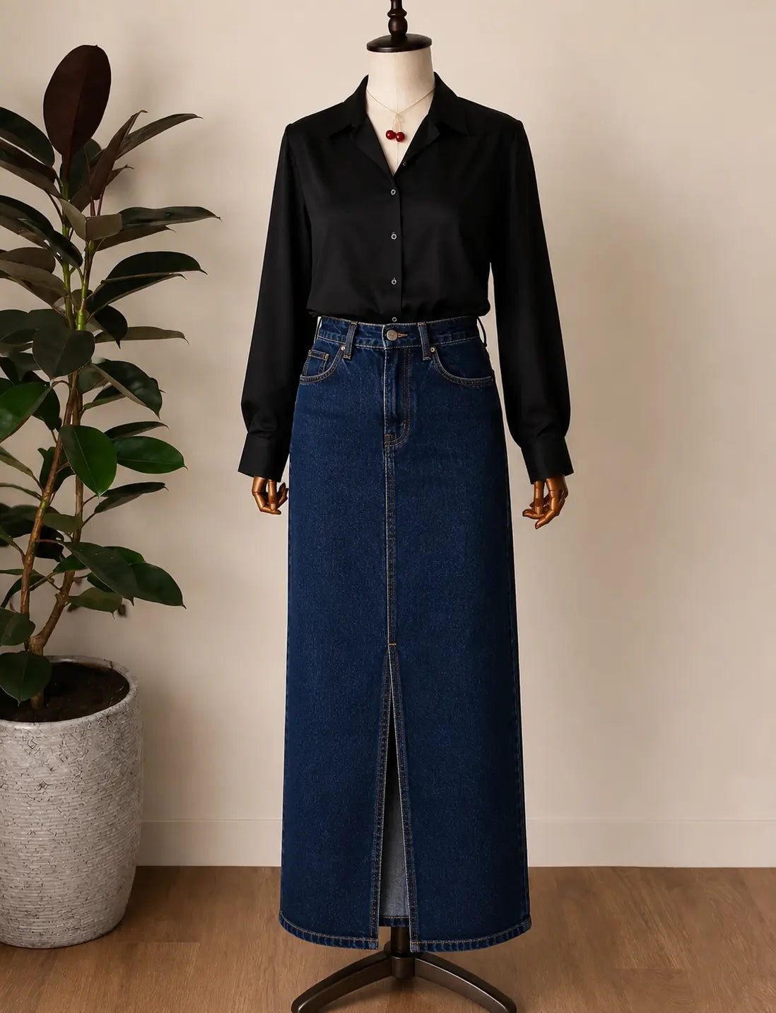 DUO PACK ( BLACK BUTTON DOWN SHIRT WITH DARK BLUE DENIM SKIRT )