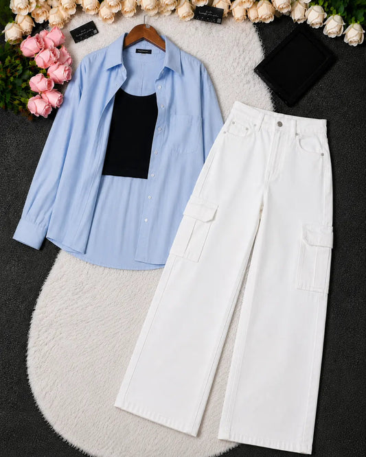 SUMMER TRIO PACK ( SKY BLUE BUTTON DOWN SHIRT WITH BLACK INNER AND WHITE WIDE LEG CARGO DENIM)