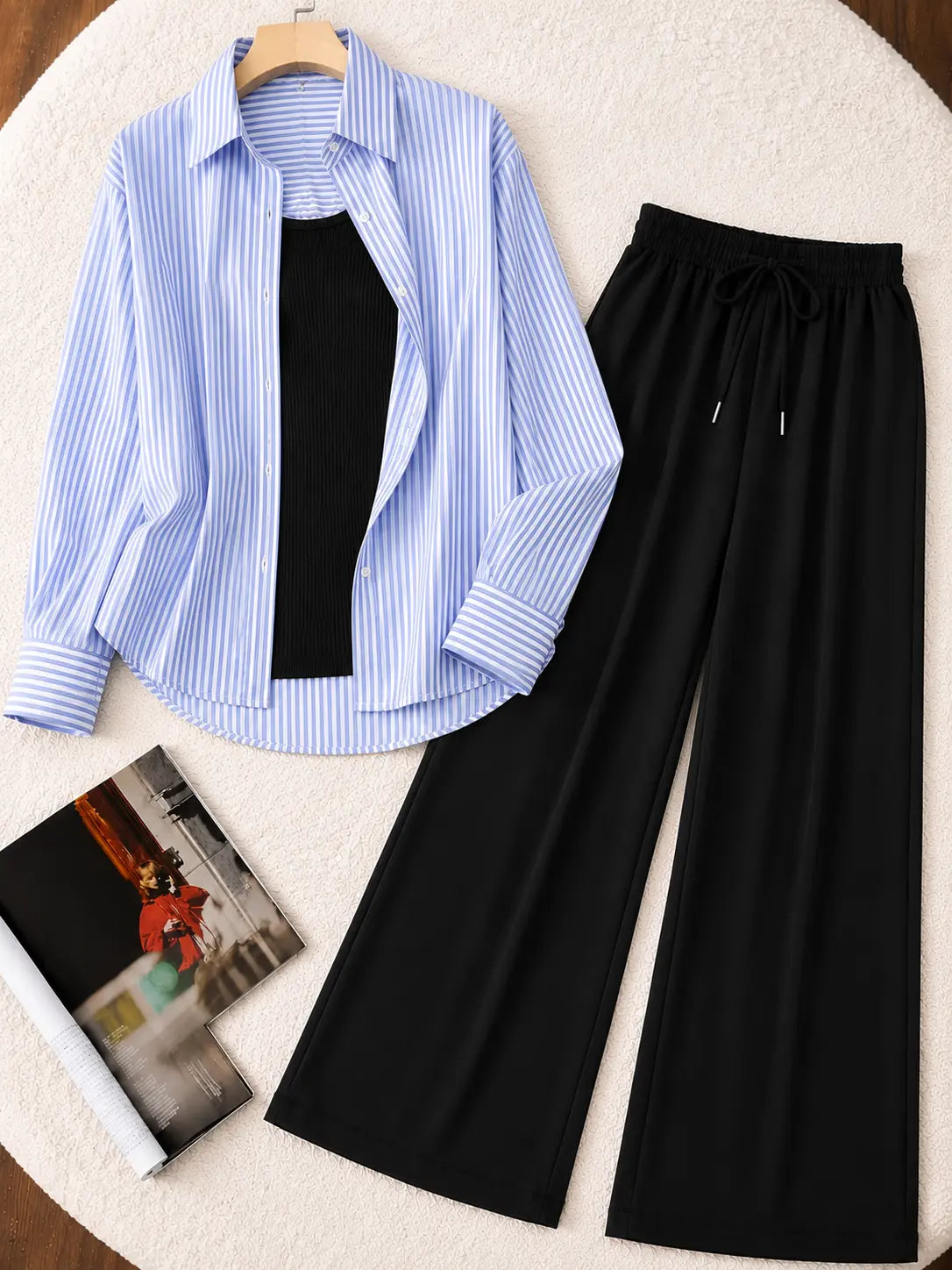 TRIO PACK ( WHITE AND BLUE STRIPES BUTTON DOWN SHIRT WITH BLACK INNER AND BLACK FLAPPER TROUSER)