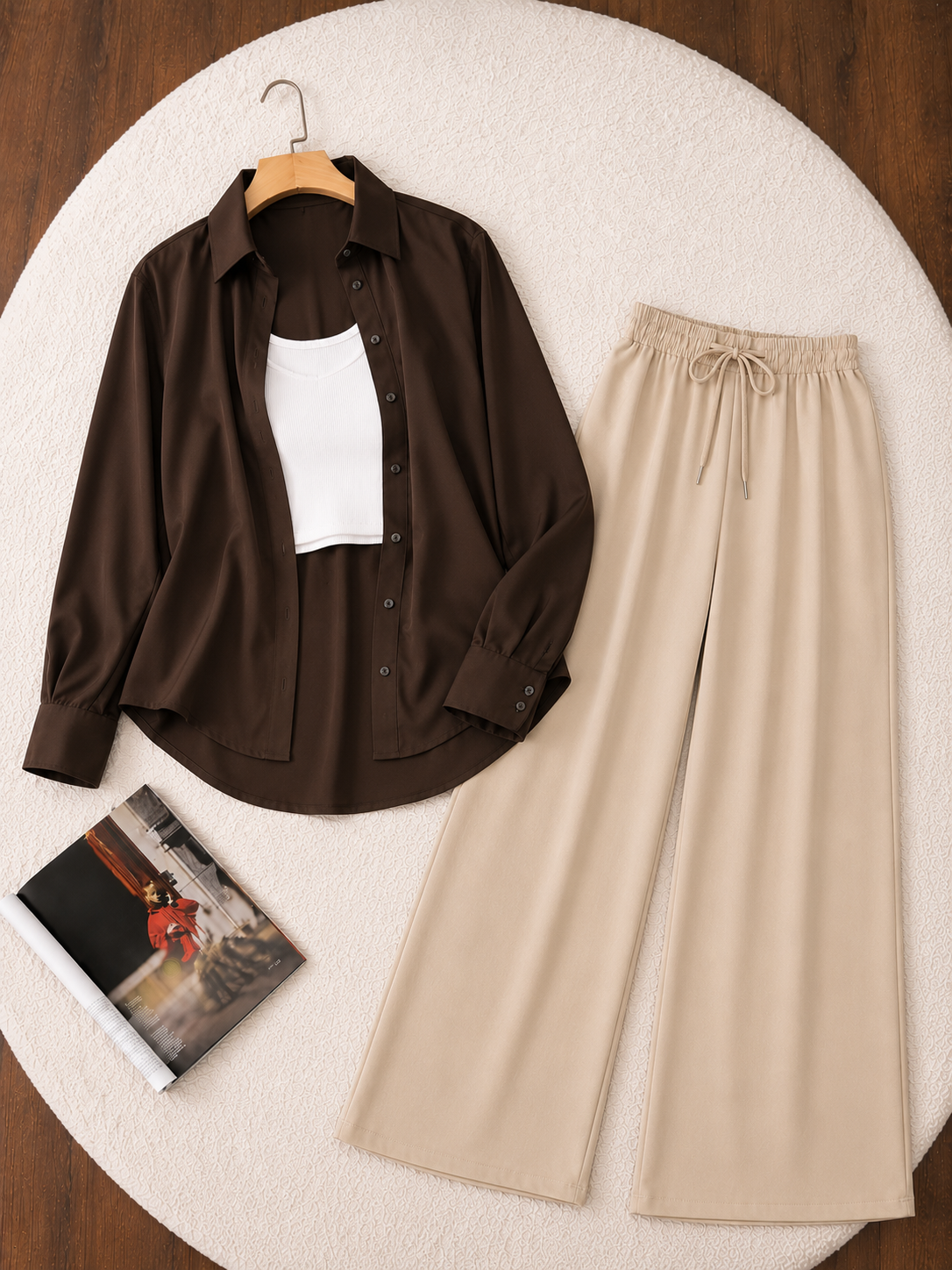(TRIO PACK) DARK BROWN BUTTON DOWN SHIRT WITH WHITE INNER AND BEIGE FLAPPER TROUSER.