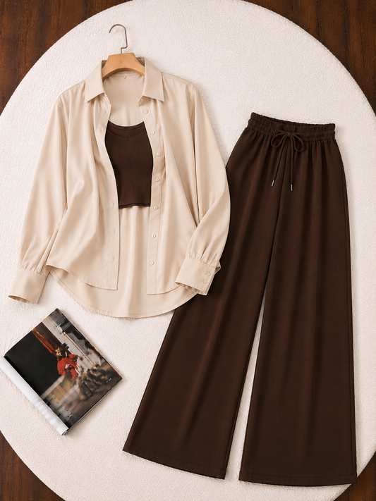 (TRIO PACK) BEIGE BUTTON DOWN SHIRT WITH BROWN INNER AND DARK BROWN FLAPPER TROUSER.