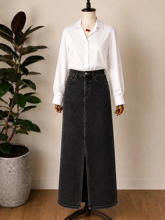 DUO PACK ( WHITE BUTTON DOWN SHIRT WITH MALAYSIAN BLACK DENIM SKIRT )