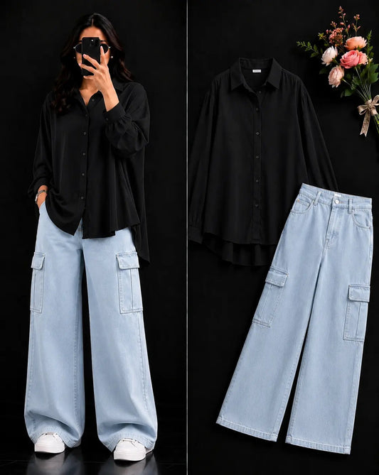 DUO PACK ( BLACK BUTTON DOWN SHIRT WITH ICE BLUE WIDE LEG CARGO DENIM )