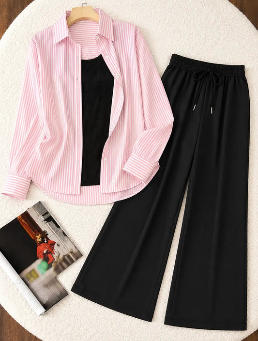 TRIO PACK ( WHITE AND PINK STRIPES BUTTON DOWN SHIRT WITH BLACK INNER AND BLACK FLAPPER TROUSER )