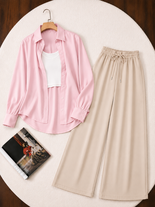 (TRIO PACK) BABY PINK BUTTON DOWN SHIRT WITH WHITE INNER AND BEIGE FLAPPER TROUSER.
