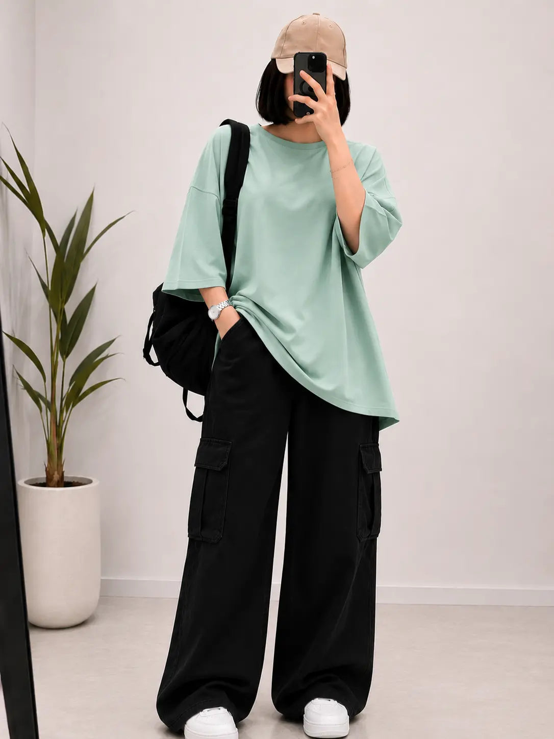 DUO PACK ( MINT GREEN BAGGY TEE WITH BLACK CARGO WIDE LEG JEANS )
