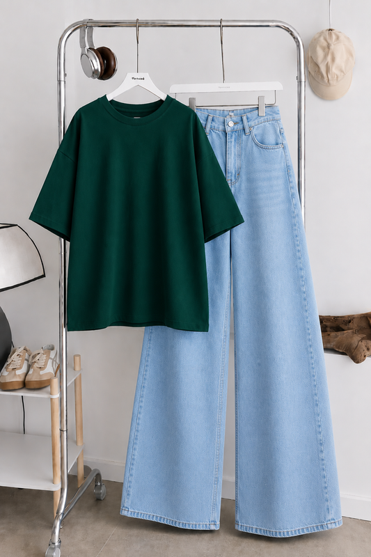 (DUO PACK) BOTTLE GREEN BAGGY TEE WITH SKY BLUE WIDE LEG JEANS