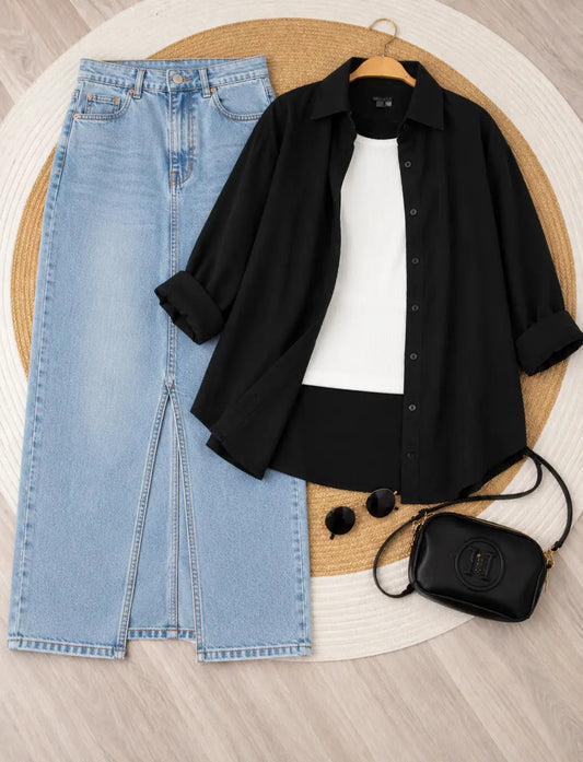 SUMMER TRIO PACK ( BLACK BUTTON DOWN SHIRT WITH WHITE INNER AND SKY BLUE DENIM SKIRT )