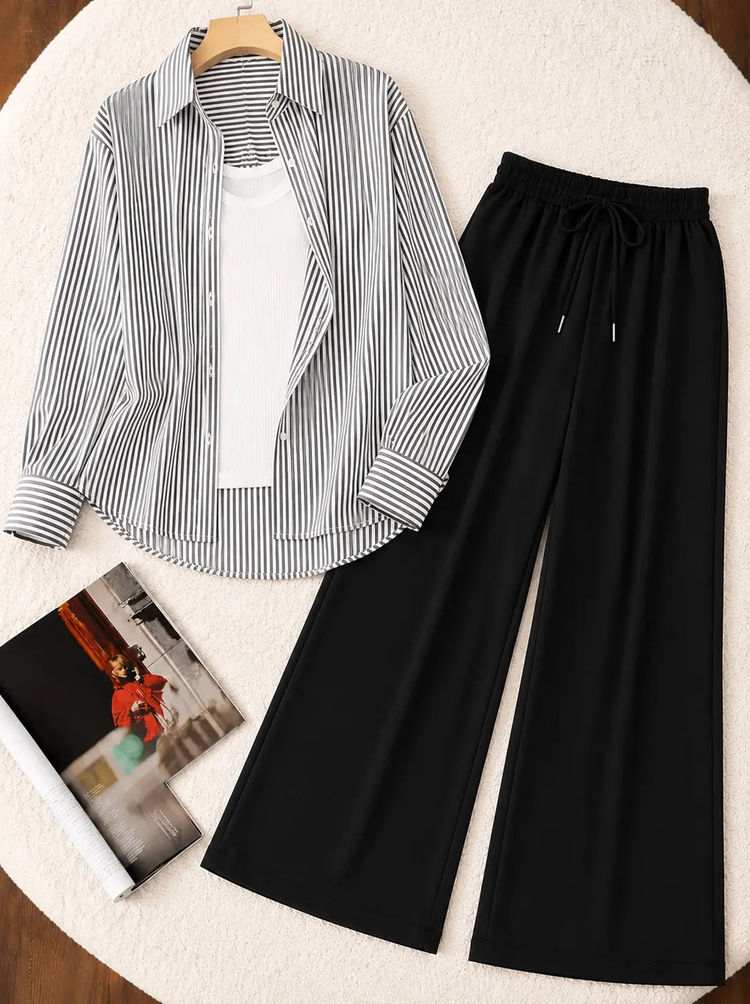 TRIO PACK ( WHITE AND BLACK STRIPES BUTTON DOWN SHIRT WITH WHITE INNER AND BLACK FLAPPER TROUSER)