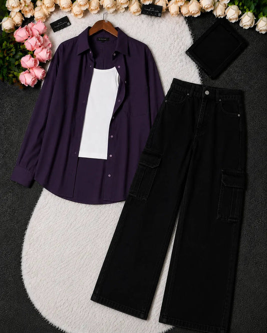 SUMMER TRIO PACK ( DARK PURPLE BUTTON DOWN SHIRT WITH WHITE INNER AND BLACK WIDE LEG CARGO DENIM)