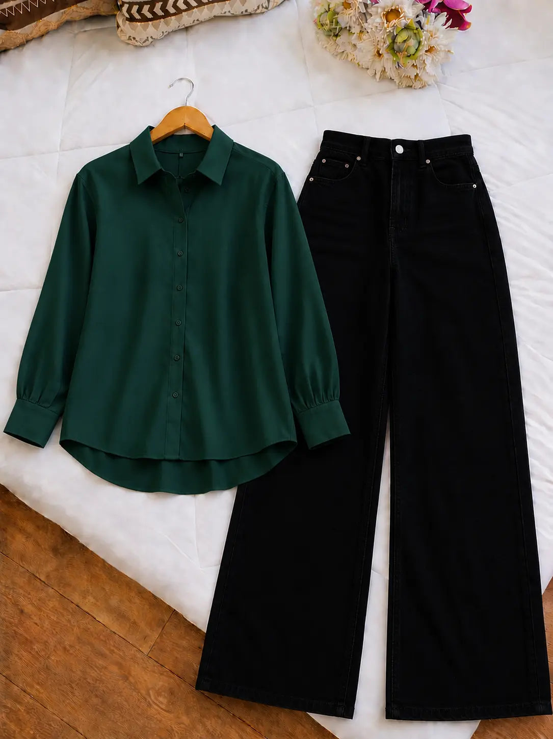 DUO PACK ( BOTTLE GREEN BUTTON DOWN SHIRT WITH BLACK WIDE LEG JEANS )