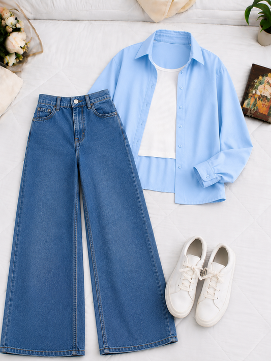 (TRIO PACK) SKY BLUE BUTTON DOWN SHIRT WITH WHITE INNER AND MID BLUE WIDE LEG JEANS