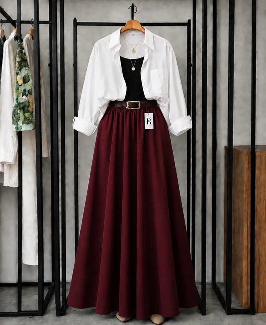 SUMMER TRIO PACK ( WHITE BUTTON DOWN SHIRT WITH BLACK INNER AND MAROON MAXI SKIRT)