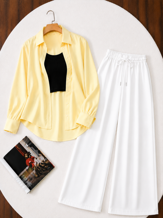 (TRIO PACK) BUTTER YELLOW BUTTON DOWN SHIRT WITH BLACK INNER AND WHITE FLAPPER TROUSER.