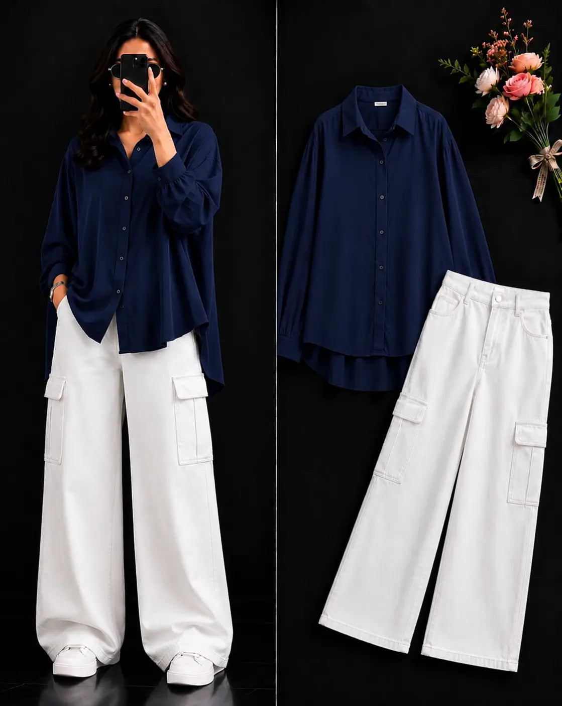 DUO PACK ( NAVY BLUE BUTTON DOWN SHIRT WITH WHITE WIDE LEG CARGO DENIM )