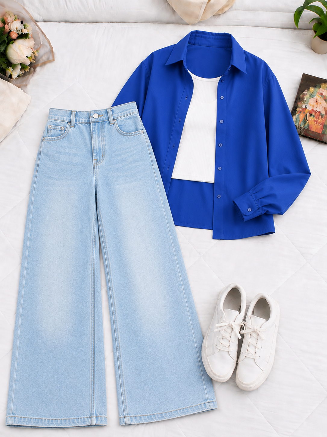 (TRIO PACK) ROYAL BLUE BUTTON DOWN SHIRT WITH WHITE INNER AND ICE BLUE WIDE LEG JEANS