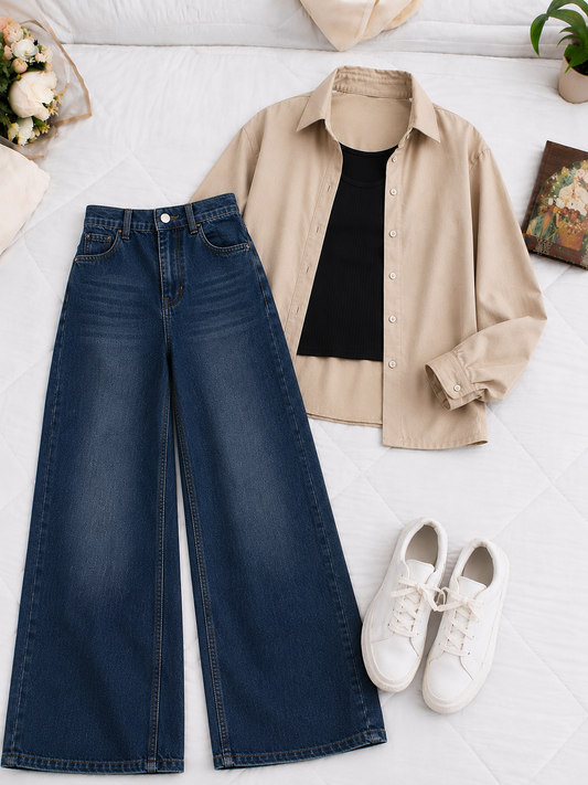 (TRIO PACK) BEIGE BUTTON DOWN SHIRT WITH BLACK INNER AND DARK BLUE WIDE LEG JEANS