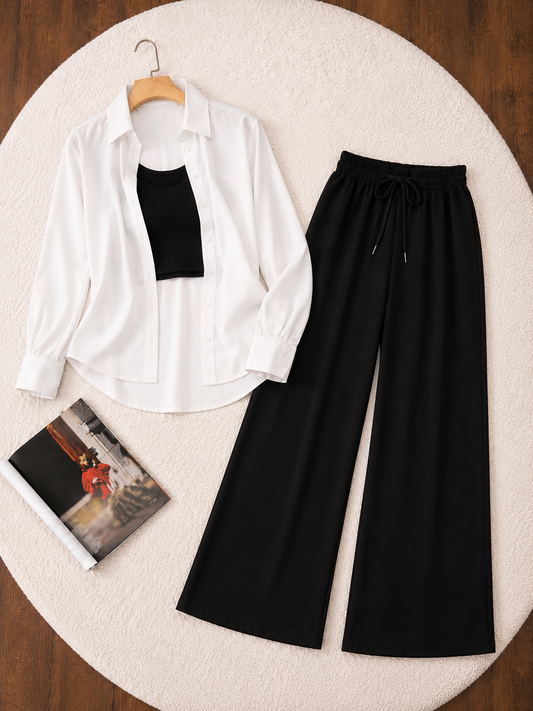 (TRIO PACK) WHITE BUTTON DOWN SHIRT WITH BLACK INNER AND BLACK FLAPPER TROUSER.