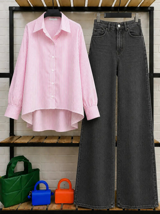 DUO PACK ( WHITE AND PINK STRIPES BUTTON DOWN SHIRT WITH CHARCOAL GREY WIDE LEG JEANS )