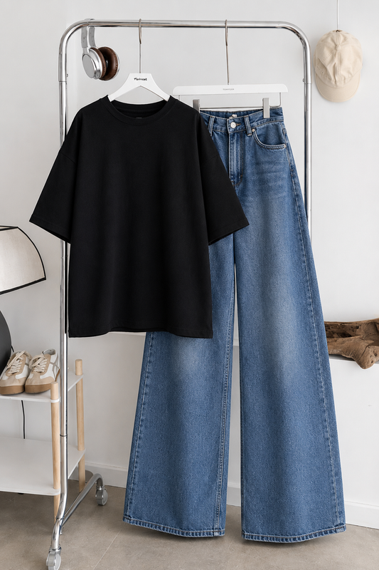 (DUO PACK) BLACK BAGGY TEE WITH MID BLUE WIDE LEG JEANS