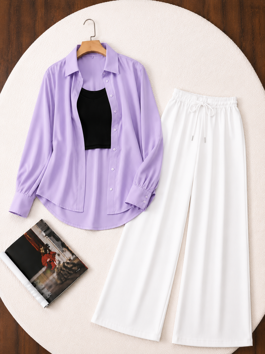 (TRIO PACK) LILAC BUTTON DOWN SHIRT WITH BLACK INNER AND WHITE FLAPPER TROUSER.