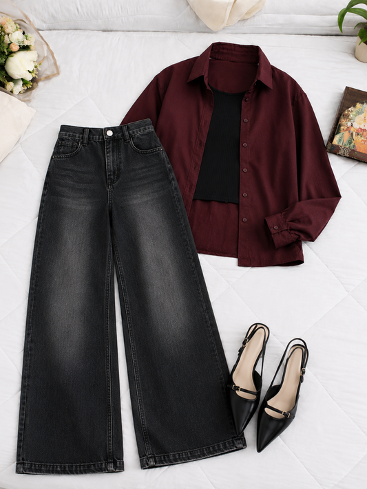 (TRIO PACK) MAROON BUTTON DOWN SHIRT WITH BLACK INNER AND MALAYSIAN BLACK WIDE LEG JEANS.