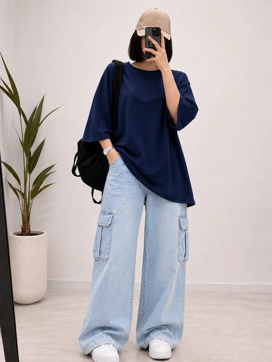 DUO PACK ( BLACK BAGGY TEE WITH ICE BLUE CARGO WIDE LEG JEANS )