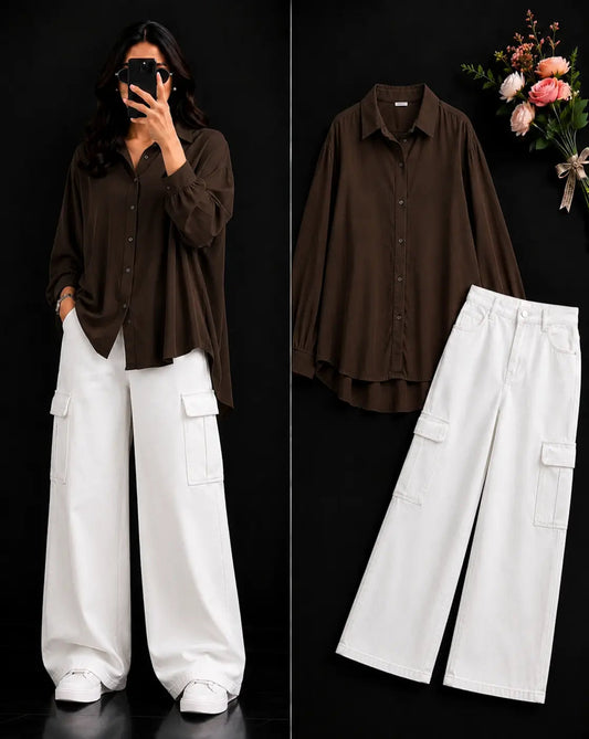 DUO PACK ( DARK BROWN BUTTON DOWN SHIRT WITH WHITE WIDE LEG CARGO DENIM )