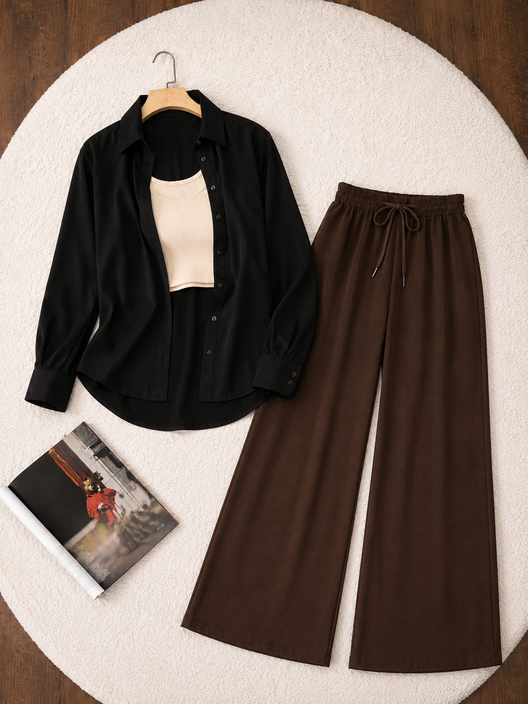 (TRIO PACK) BLACK BUTTON DOWN SHIRT WITH BEIGE INNER AND DARK BROWN FLAPPER TROUSER.
