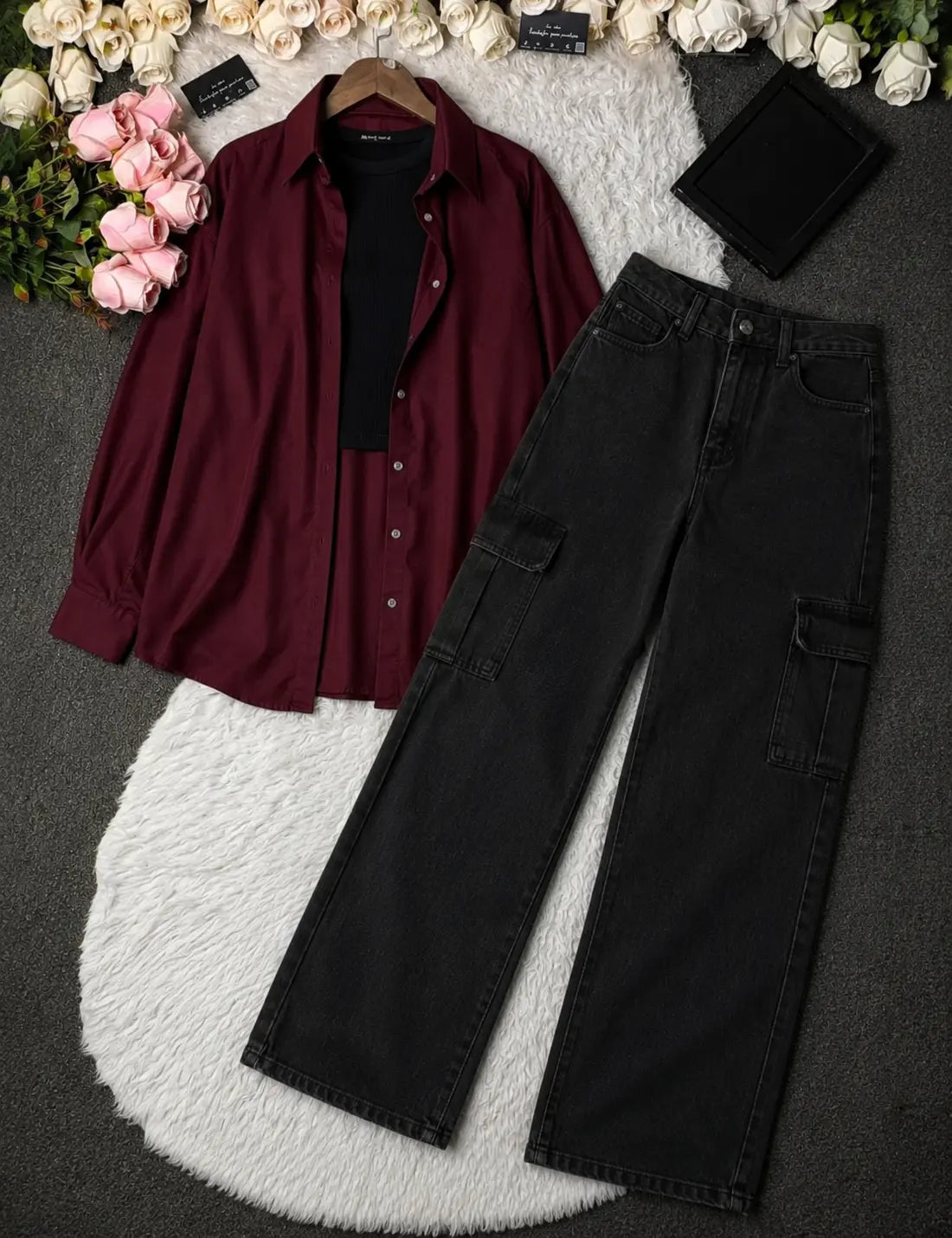 SUMMER TRIO PACK ( MAROON BUTTON DOWN SHIRT WITH BLACK INNER AND MALAYSIAN BLACK WIDE LEG CARGO DENIM)