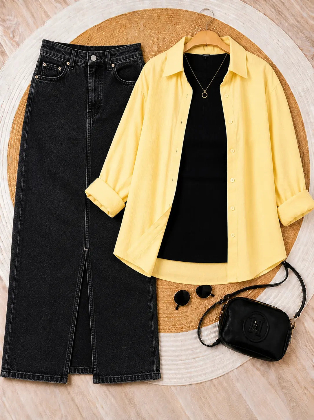 SUMMER TRIO PACK ( BUTTER YELLOW BUTTON DOWN SHIRT WITH BLACK INNER AND MALAYSIAN BLACK DENIM SKIRT)