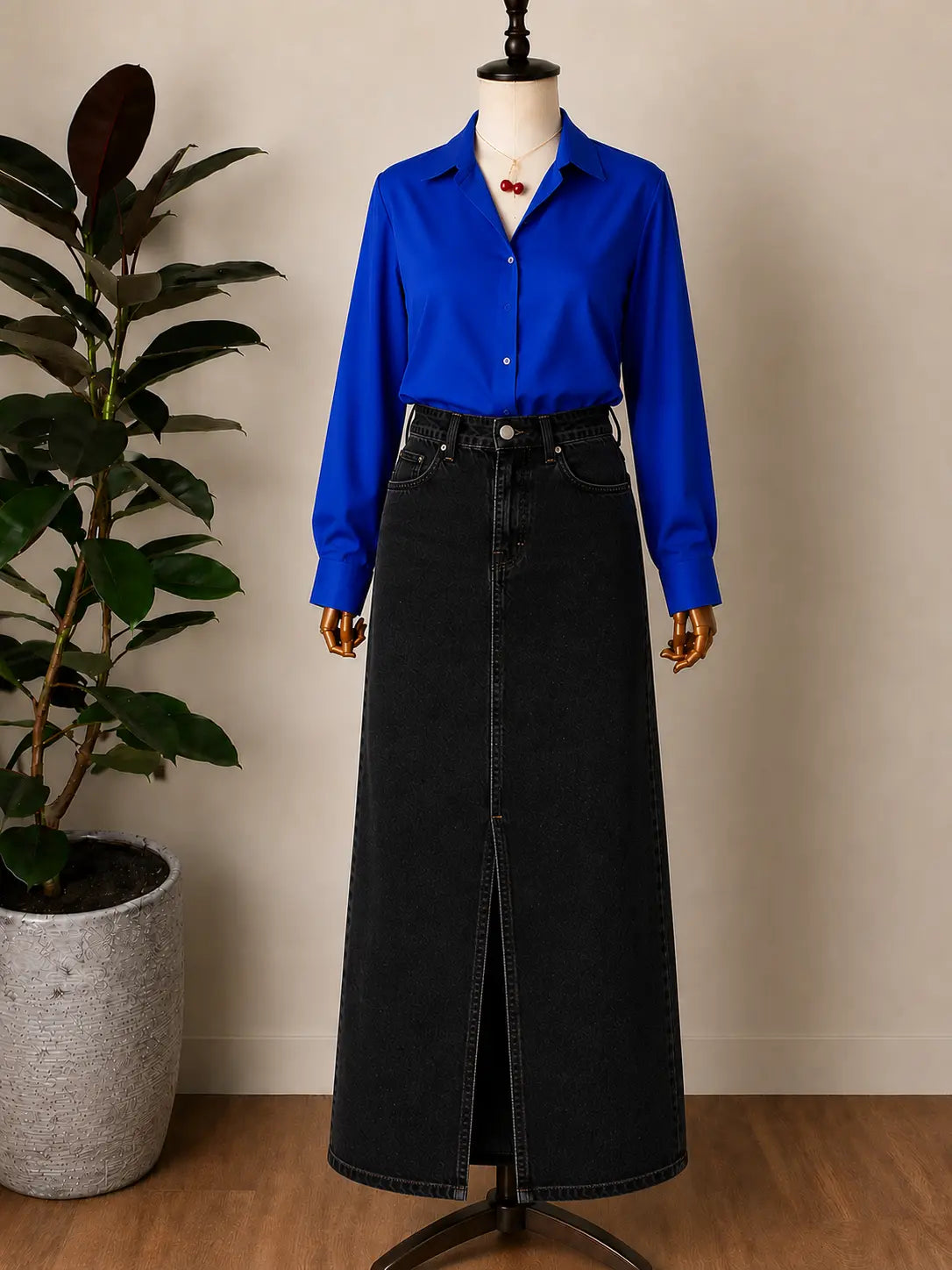 DUO PACK ( ROYAL BLUE BUTTON DOWN SHIRT WITH BLACK DENIM SKIRT )