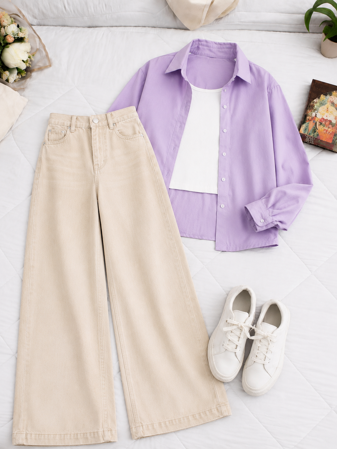 (PRIO PACK) LILAC BUTTON DOWN SHIRT WITH WHITE INNER AND BEIGE WIDE LEG JEANS