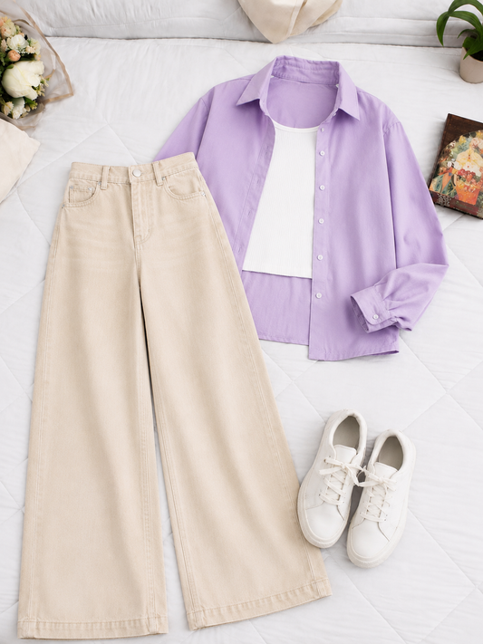 (PRIO PACK) LILAC BUTTON DOWN SHIRT WITH WHITE INNER AND BEIGE WIDE LEG JEANS