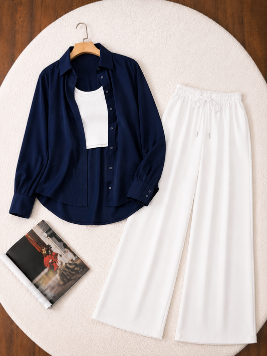 (TRIO PACK) NAVY BLUE BUTTON DOWN SHIRT WITH WHITE INNER AND WHITE FLAPPER TROUSER.