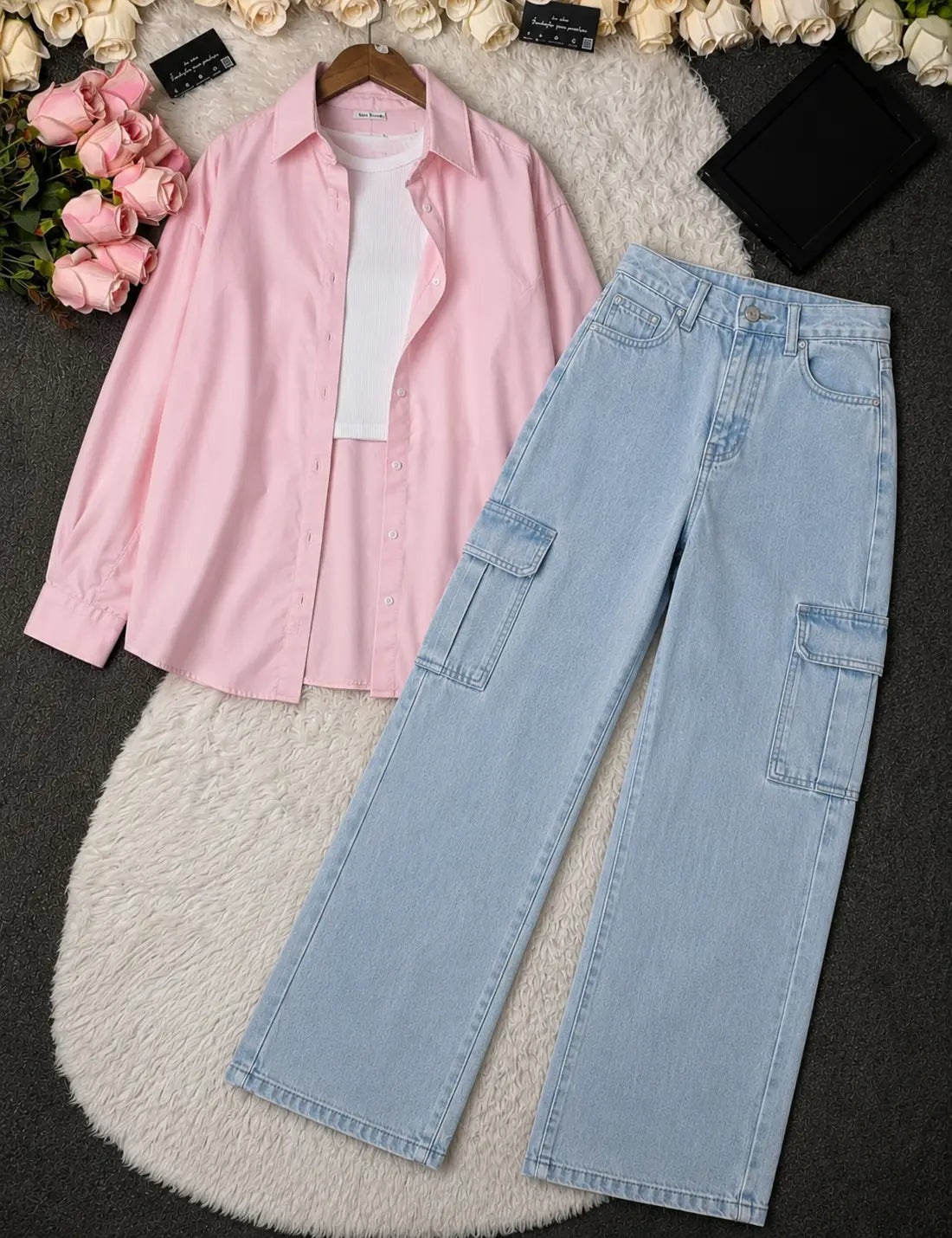 SUMMER TRIO PACK ( BABY PINK BUTTON DOWN SHIRT WITH WHITE INNER AND SKY BLUE CARGO DENIM)